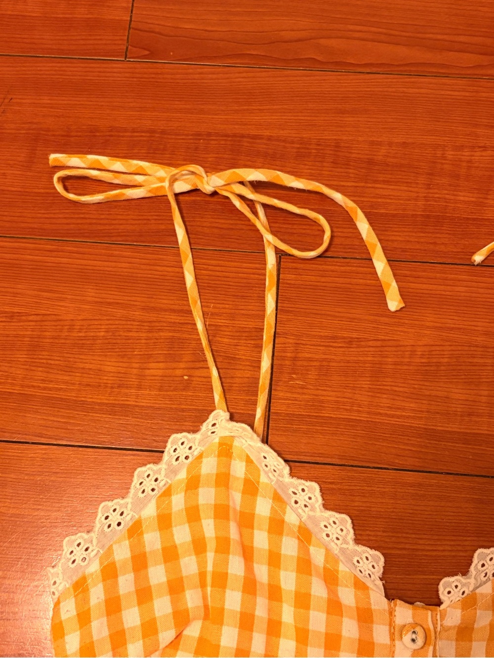 Vintage Yellow Gingham Button-Front Strappy Sundress with Lace Trim - Picture 3 of 8